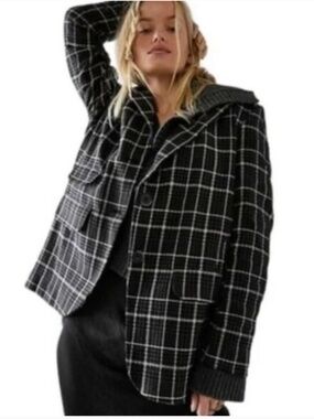 Free People We The Free Bowie Black Plaid Oversized Blazer Jacket, Medium